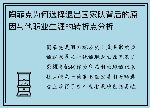 陶菲克为何选择退出国家队背后的原因与他职业生涯的转折点分析